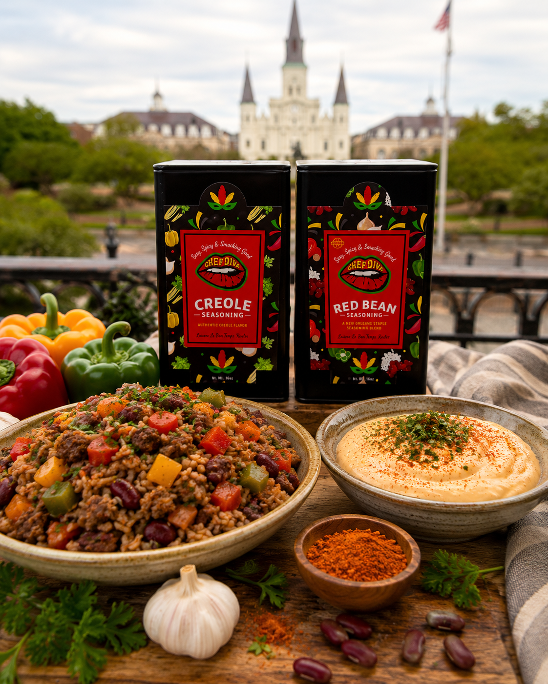 Chef Diva Creole and Red Bean Seasoning with food spread