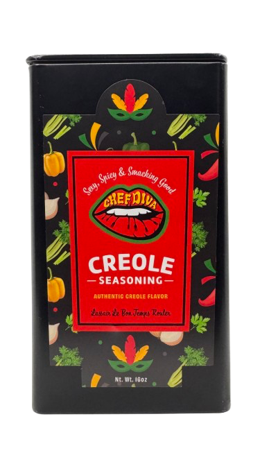 A packaged product labeled 'Creole Seasoning' with red and black colors and images of spices.