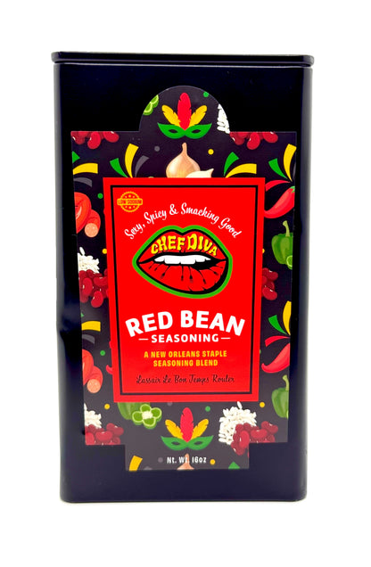A packaged product labeled 'Red Bean Seasoning' by Chef Diva, with an illustration of beans and a hot pepper, indicating a spicy seasoning blend.